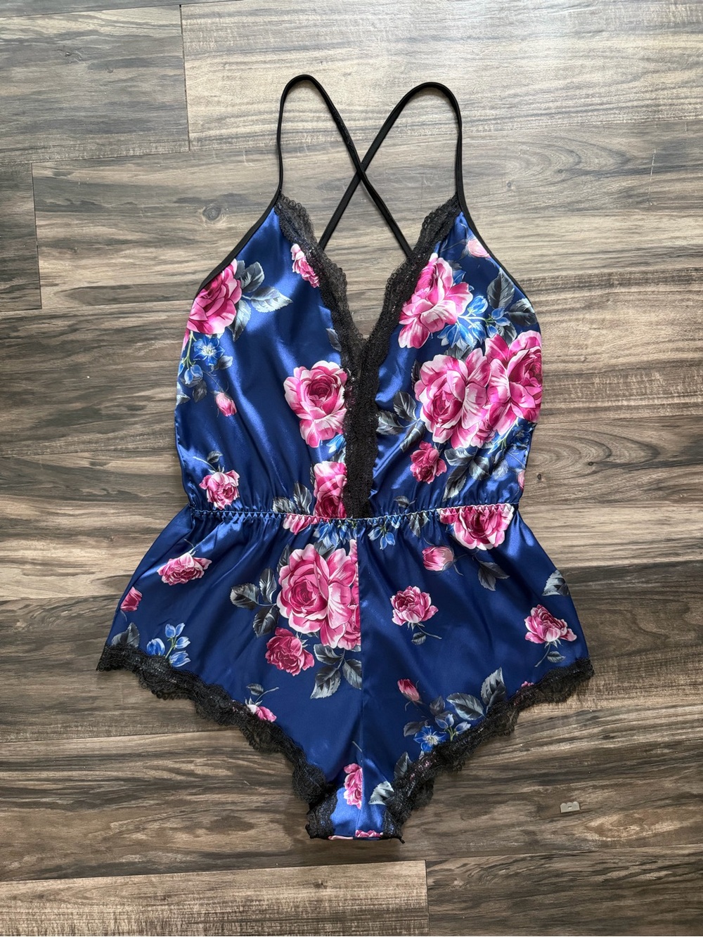Women's Navy Blue Floral Lace-Trim Satin Romper